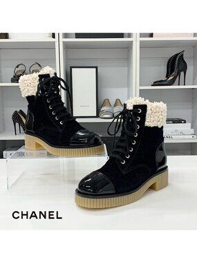 Chanel CC Logo Fabric Patent Fleece Short Boots